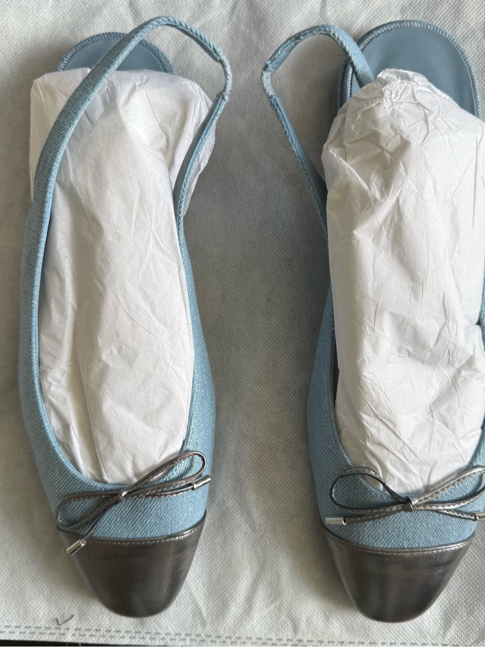 Stuart Weitzman Light Blue Slingback Ballet Flats with Metallic Brown Toe
